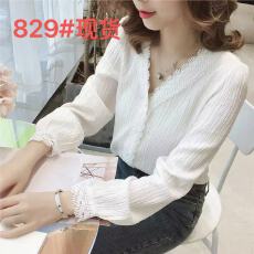 批发韩版新款V领蕾丝白色长袖<b class='q'>衬衫</b>女装宽松春秋季内搭显瘦套头打底衫