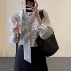 批发韩系气质飘带条纹<b class='q'>长袖</b><b class='q'>衬衫女</b>春季新款设计感时尚宽松通勤百搭衬衣