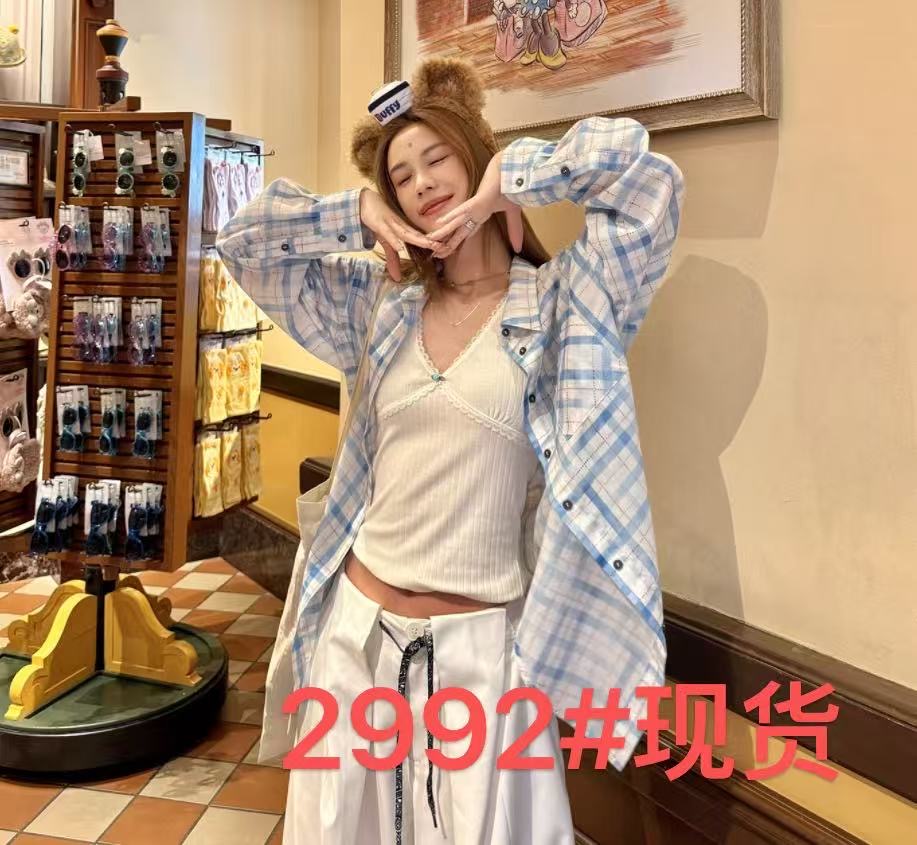 lelymooch 소금 부서 상쾌 센스 감기 센스 수채화 블루 체크무늬 느슨함 긴팔 루즈핏 자외선 차단 여성 셔츠