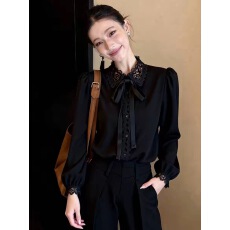 批发欧货时尚高级感<b class='q'>蕾丝</b>拼接蝴蝶结系带设计黑色长袖上衣女2026新款