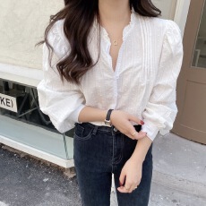 批发韩系温柔气质甜美百搭重工花边泡泡袖<b class='q'>衬衫</b>