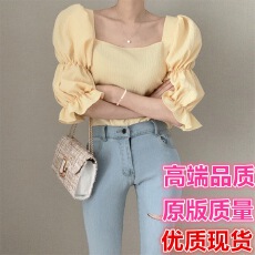 批发韩国chic法式温柔显瘦方领露锁骨上衣设计感抽褶泡泡袖雪纺<b class='q'>衬衫</b>女