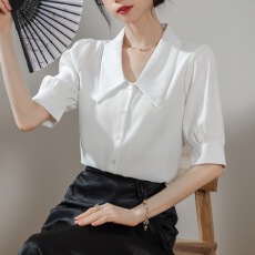 批发白色短袖衬衫女夏季法式设计感上衣职业面试正装雪纺衬衣