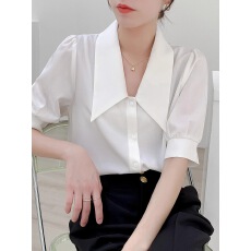 批发黑色衬衫女<b class='q'>中袖</b>设计感小众职业装法式复古泡泡袖<b class='q'>上衣</b>短袖夏季衬衣