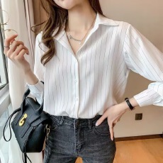 批发<b class='q'>女士</b>条纹衬衫女春秋装新款长分袖polo领洋气上衣时尚职业气质衬衣