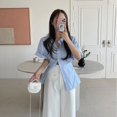 批发chic 韩版夏季小众设计感收腰POLO领单排扣短袖条纹衬衫上衣