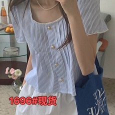 批发韩系温柔<b class='q'>甜美</b>少女蓝色条纹花边拼接衬衫