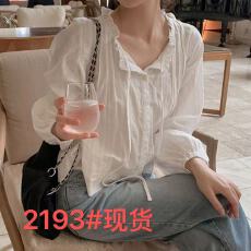批发韩国chic 荷叶边 拉条 飘带 棉质 宽松 <b class='q'>长袖</b>衬衫