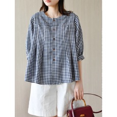 批发娃娃衫胖mm韩版a字圆领套头灯笼袖蓬蓬格子棉麻衬衫女夏