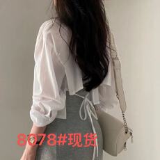 批发韩国chic长袖雪纺防晒设计小心后背绑带露背短款衬衣衬衫外搭开衫