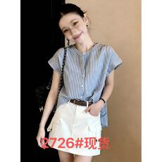 批发蓝色<b class='q'>条纹</b>短袖衬衫女夏日系通勤穿搭圆领衬衣仿棉麻小飞袖无袖上衣