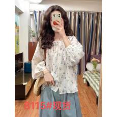 批发法式甜美泡泡袖碎花雪纺<b class='q'>衬衫</b>女2026夏季新款温柔风蕾丝刺绣防晒衫