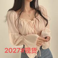 批发法式纯欲风<b class='q'>衬衫</b>女设计感收腰一字肩气质上衣性感喇叭袖系带雪纺衫