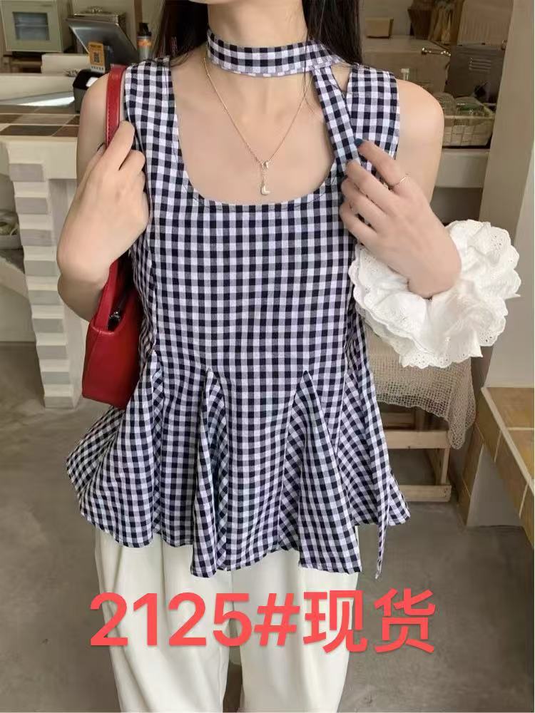 같이 갔다. 벨트 측면 칼라 조끼 여성 여름 작은 셔츠 얇은 스타일 루즈핏 작은 대중 디자인 센스 체크무늬 외출용 멜빵 맨위