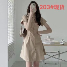 批发<b class='q'>韩国</b>chic夏季简约气质翻领单排扣收腰显瘦短袖衬衫式小个子<b class='q'>连衣裙</b>