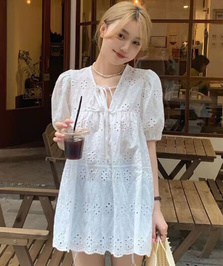 있음 선적 한국 chic 여름 한국 홀로우 아웃 루즈핏 인형 셔츠 자수 레이스 셔츠 화이트 면 린넨 셔츠