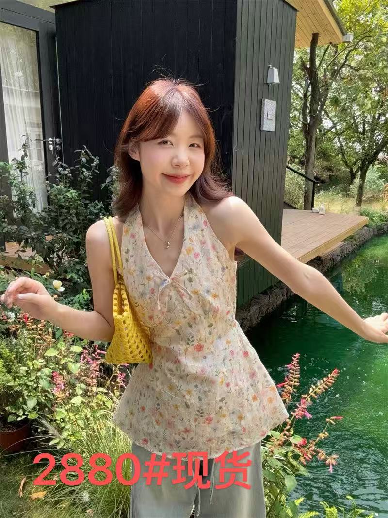 pphome 달콤함 디자인 센스 V넥 행침 목 민소매 조끼 슬립 여성 여름 꽃무늬 외출용 짧은 맨위