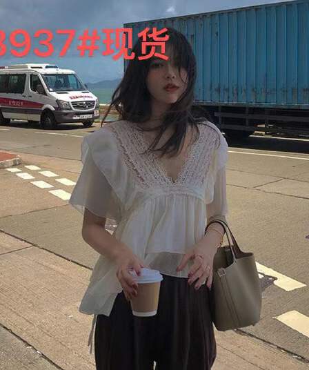 새로운 작은 요정 프릴 V넥 레이스 맨위 루즈핏 반팔 크림 살구 색상 시폰 셔츠 여성