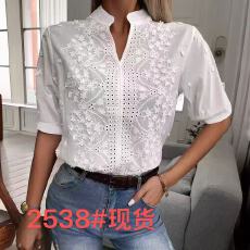 批发跨境2026夏欧美外贸亚马逊女装新款V领立领刺绣蕾丝上衣<b class='q'>衬衫</b>