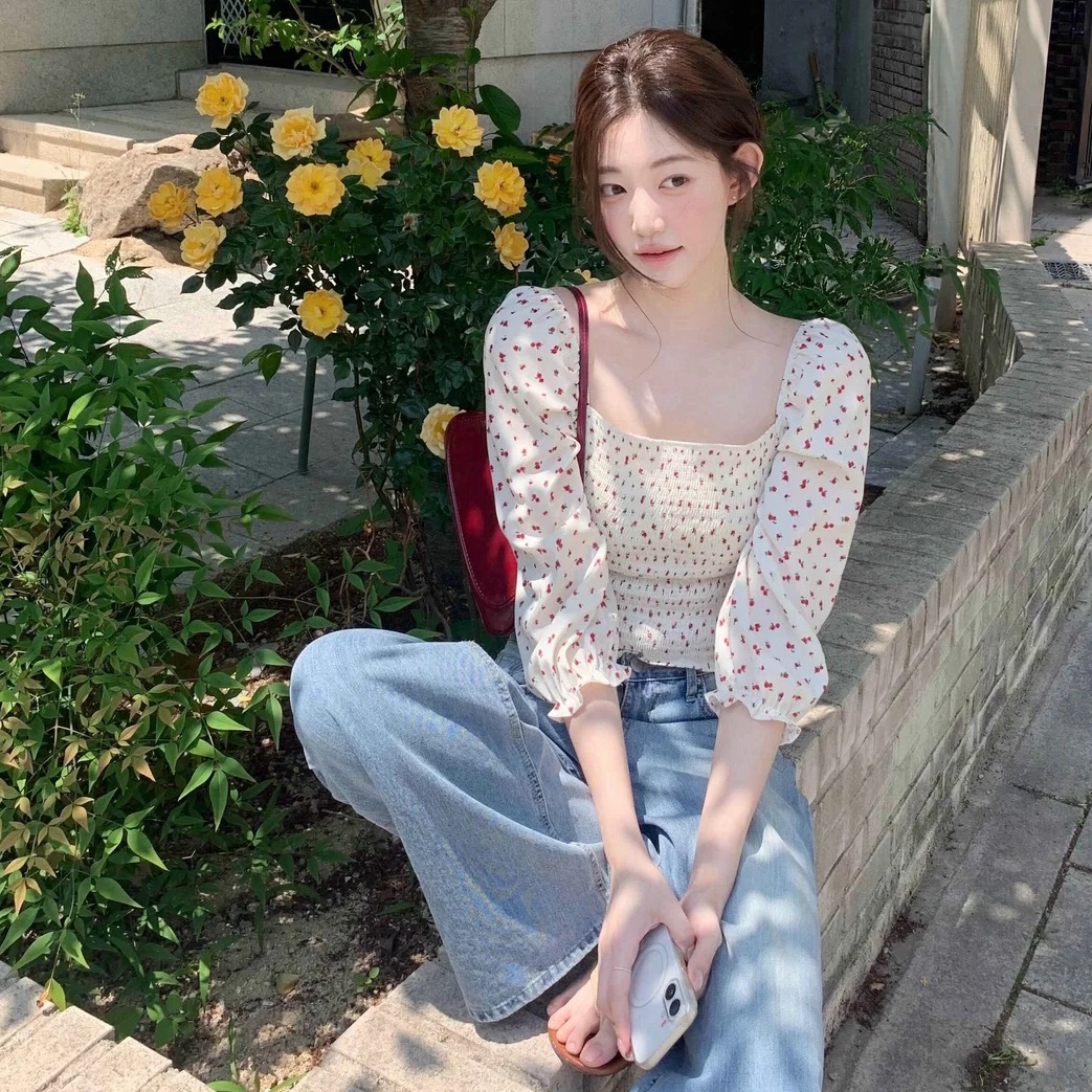 프랑스식 낭만주의 작은 관리 칼라 거품 소매 꽃무늬 여성 셔츠 여름 한 부서 Chic 아름다운 연령 감소 7부 소매 작은 셔츠