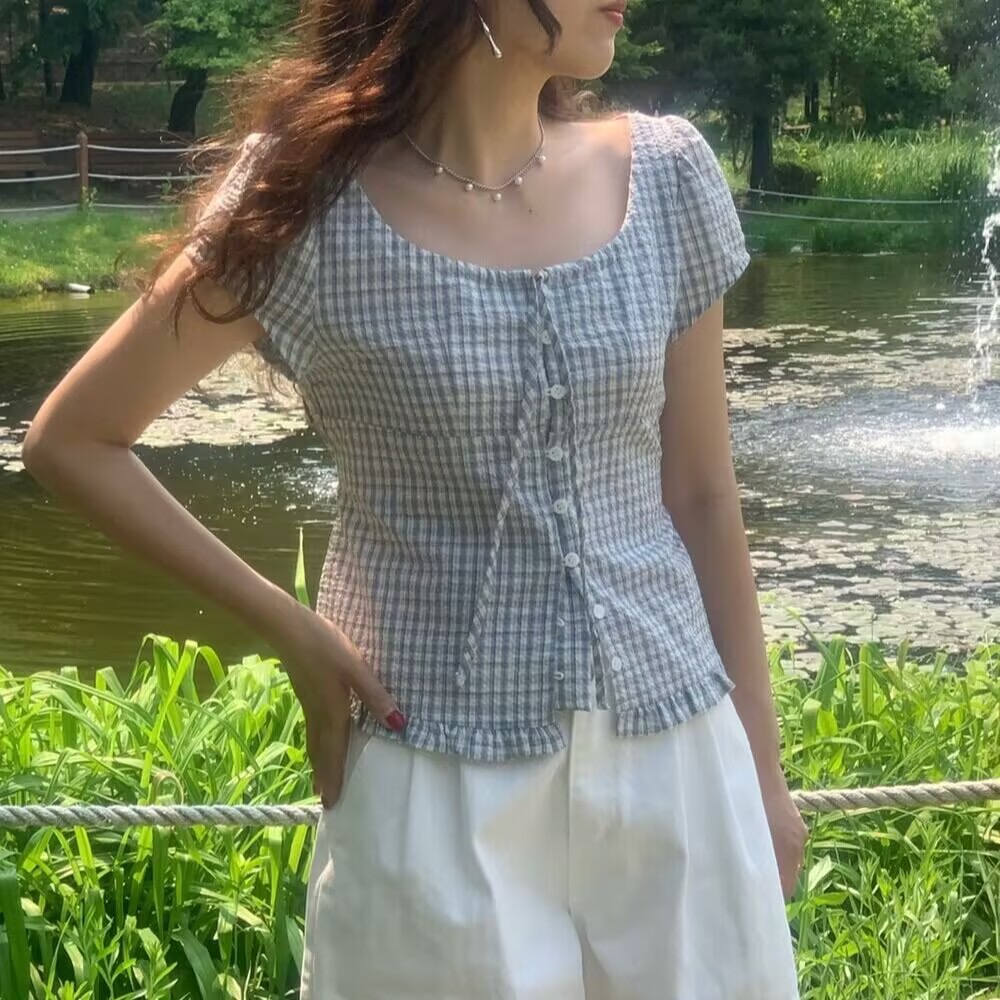 한국 chic 여름 프릴 싱글 줄 버튼 반팔 격자 무늬 셔츠