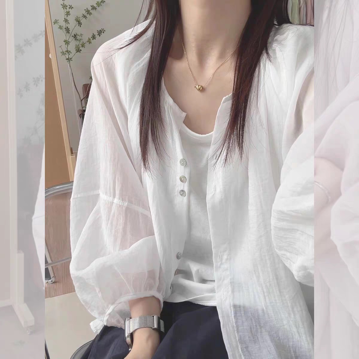 아마 자외선 차단 셔츠 여성 코트 얇은 여름 주간 작은 열림 셔츠 외부 가져 가라. 루즈핏 긴팔 쇼트 스타일 맨위