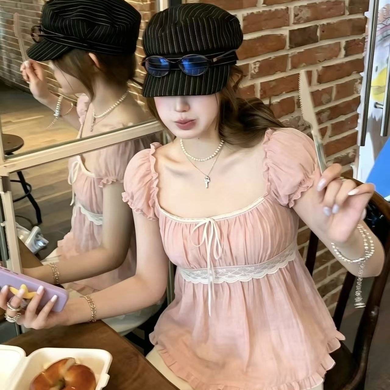 핑크색 거품 소매 광장 칼라 맨위 여성 여름 레이스 레이스 달콤함 인형 셔츠 주간 실크 혼방 반팔