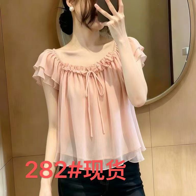 2026 여름 새로운 달콤한 스타일 디자인 센스 3 차원 레이스 레이스업 명중 Pleat 루즈핏 Feifei 소매 쉬폰 블라우스 여성 의류