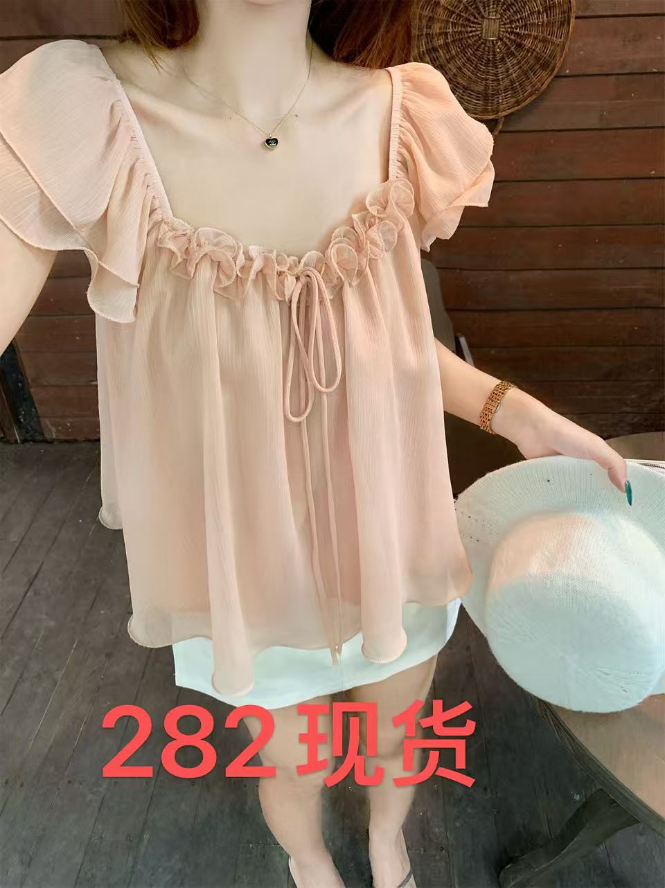 2026 여름 새로운 달콤한 스타일 디자인 센스 3 차원 레이스 레이스업 명중 Pleat 루즈핏 Feifei 소매 쉬폰 블라우스 여성 의류