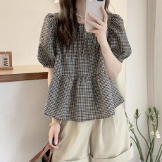 批发大码法式娃娃衫短袖衬衫女夏季<b class='q'>胖</b>mm<b class='q'>遮</b>肚子宽松泡泡袖格子小衫上衣