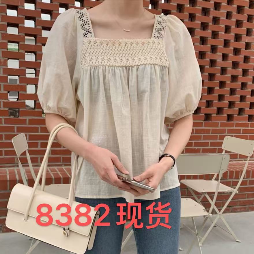 프랑스식 광장 칼라 여성 셔츠 여름 거품 소매 인형 셔츠 디자인 센스 작은 대중 고유 한 Chic 작은 셔츠 맨위 여름 섹션