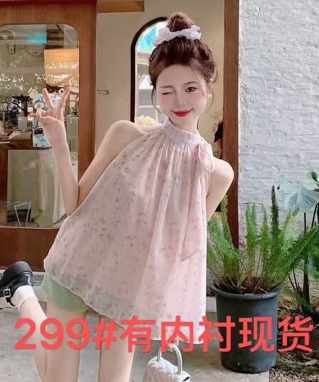 원본 쉬폰 원단 있음 네리 셔츠 프랑스식 레트로 품격 달콤한 매운맛 오프숄더 바다 측면 민소매 가짜 맨위