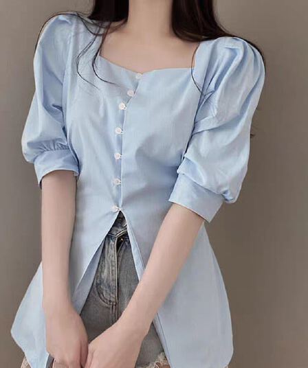 파란색 거품 소매 여성 셔츠 한국 chic 패션 광장 칼라 디자인 밑단 트임 셔츠 여름 신선함 맨위