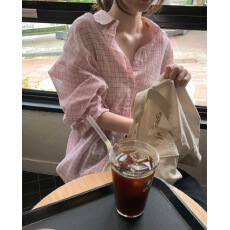 批发韩国ins   甜美少女 薄款防晒宽松格纹长袖<b class='q'>衬衫</b>