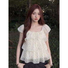 批发法式气质波点系带荷叶袖雪纺<b class='q'>衬衫</b>女夏季设计感荷叶边裙摆短袖上衣