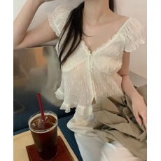 批发已入库 甜美镂空花边显瘦V领系扣短袖<b class='q'>衬衫</b>女