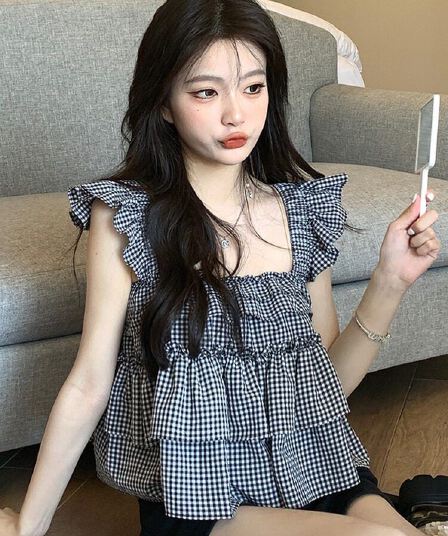 Feifei 소매 체크무늬 프랑스식 여성 셔츠 여름 디자인 센스 작은 대중 백리스 케이크 맨위 작은 키 쇼트 스타일 셔츠
