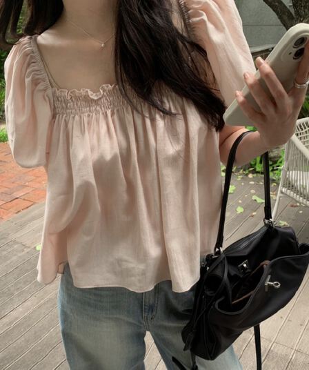 한국 chic 여름 새로운 ins 귀여운 주름 광장 칼라 품격 인형 반팔 셔츠