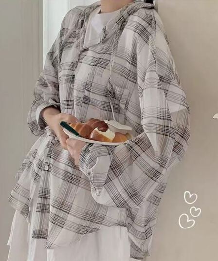 한국 스타일 여름 체크무늬 후드 루즈핏 게으른 바람 자외선 차단 의류 셔츠 하라주쿠 스타일 다용도 긴팔 작은 대중 여성 코트
