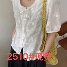 批发精致<b class='q'>韩国</b>大门气质圆领刺绣甜美系带<b class='q'>短袖</b>衬衫小衫夏季2026新款