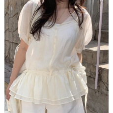 批发夏季韩版微透凉感甜美短袖<b class='q'>收腰</b>荷花边衬衫女