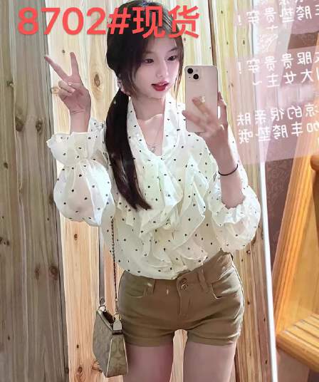 프릴 도트 무늬 여성 셔츠 2026 봄 가을 여름 티셔츠 여성 가을 여름 한 부서 나비 매듭 고급 센스 맨위