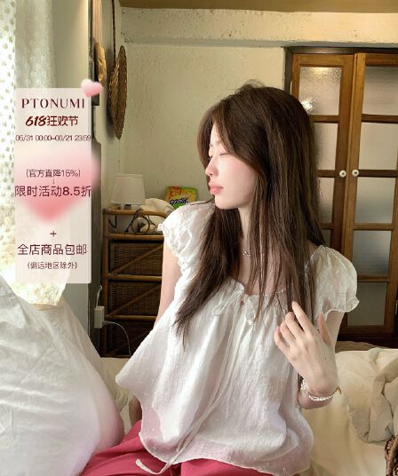 ptonumi 순수한 흰색 사랑 노래 3 차원 도트 무늬 대 라운드 넥 주간 실크 여성 셔츠 루즈핏 슬림해 보이는 인형 셔츠 맨위 서비스