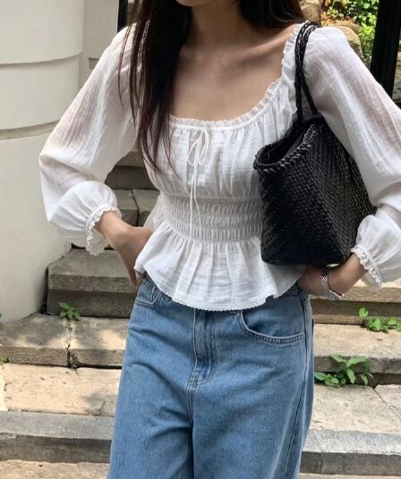 한 부서 ins 부드러운 레이스 장식 질감 센스 밑단 프릴 셔츠 허리 수축 슬림해 보이는 맨위