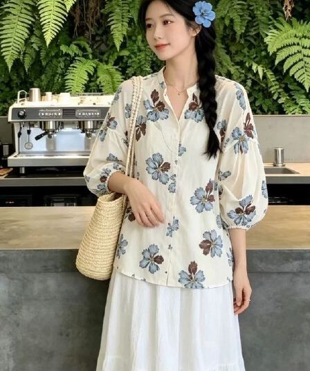 프랑스식 꽃무늬 루즈핏 셔츠 슬림해 보이는 다용도 표지 배 미시