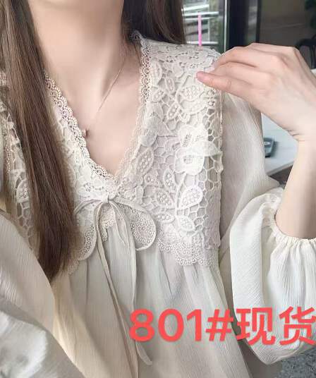 2026 새로운 패치워크 한 부서 루즈핏 부드러운 레이스업 품격 긴팔 레이스 프랑스식 맨위 쉬폰 블라우스
