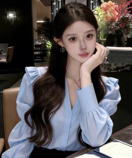 아름다운 자이언트 잘 생긴 파란색 프릴 셔츠 2026 봄 디자인 센스 작은 대중 프랑스식 사소한 허리 수축 맨위 여성