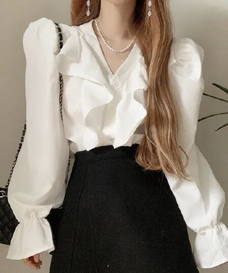 한국 chic 가을 섹션 프랑스식 품격 V넥 프릴 나팔 소매 디자인 센스 다용도 셔츠 맨위