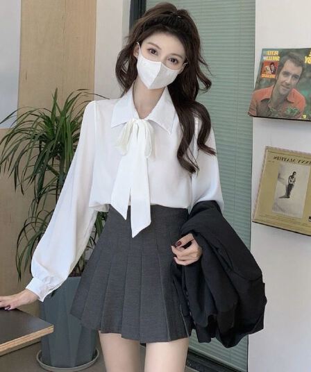 품격 연령 감소 봄 가을 새로운 여성 의류 나비 매듭 바지를 입는 셔츠 다용도 디자인 센스 작은 대중 화이트 셔츠 트렌디
