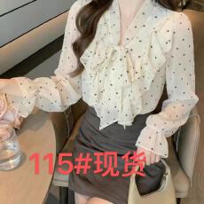批发荷叶边波点长袖衬衫秋季宽松韩系蝴蝶结系带上衣女